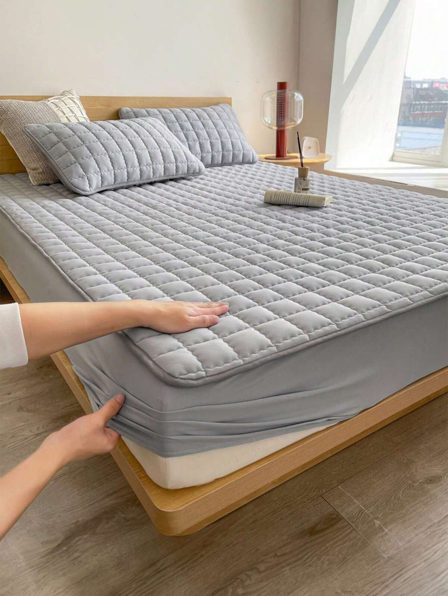 1pc Quilted Bed Sheet, Bedding, Fitted Sheet, Mattress Cover, Bed Cover, Soft Bedding For Bedroom, Bedspread For Bedroom, Full Coverage, Solid Color Mattress Protector, Curved Grid Design, Fits Twin, Full, King, Queen All Sizes, Machine Washable