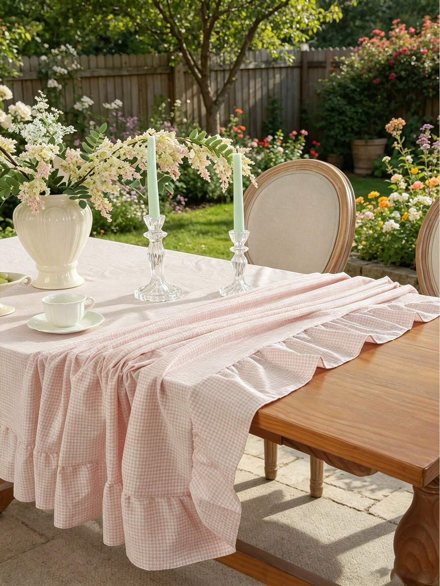 1pc Tablecloth With Ruffle Hem Decoration, Polyester Fabric, Light Pink Dual-Tone Plaid Pattern, Rectangular/Square Tablecloth, Suitable For Dining Room And Living Room Tabletop Decor