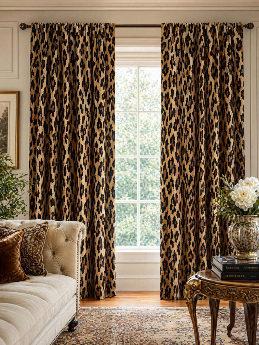 2pcs Vintage Brown Leopard Print Decorative Curtains, Rod Pocket Design, Easy Installation And Removable, Polyester Material, Suitable For Living Room, Bedroom, Luxury Vintage Home Decor.